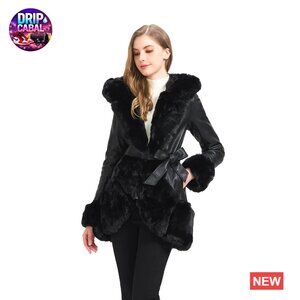 Faux Fur Collar Leather Jacket Women's Winter Coat Long Sleeve Belted Chic